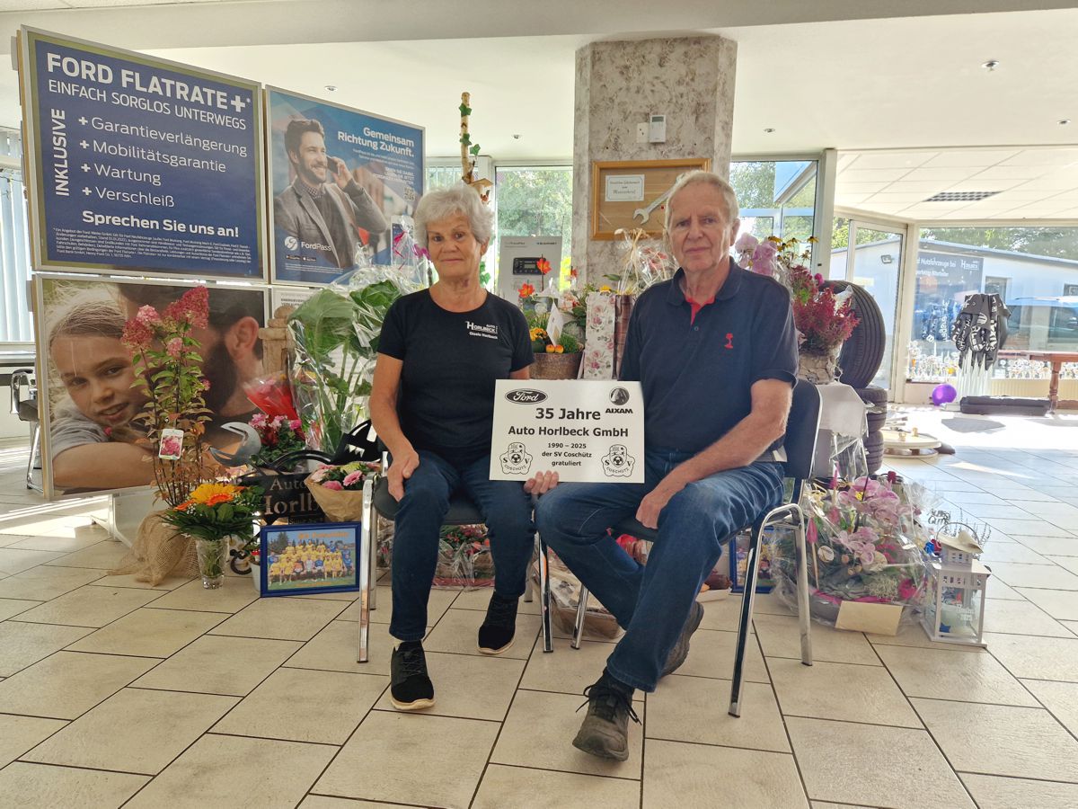 Plakat für das 35-jährige Jubiläum von Auto Horlbeck. Text: 'Feiern Sie mit uns: 20.09.2025 10 - 16 Uhr in Netzschkau Brockauer Str. 11'. Aufzählung von Aktivitäten: Livemusik, Oldtimer-Ausstellung, Rallye-Ecke, Bastelstraße, Gewinnspiel, Fotobox, Fahrsimulator, Kaffee und Kuchen, Rabatte für Ford Puma und Transit Custom.